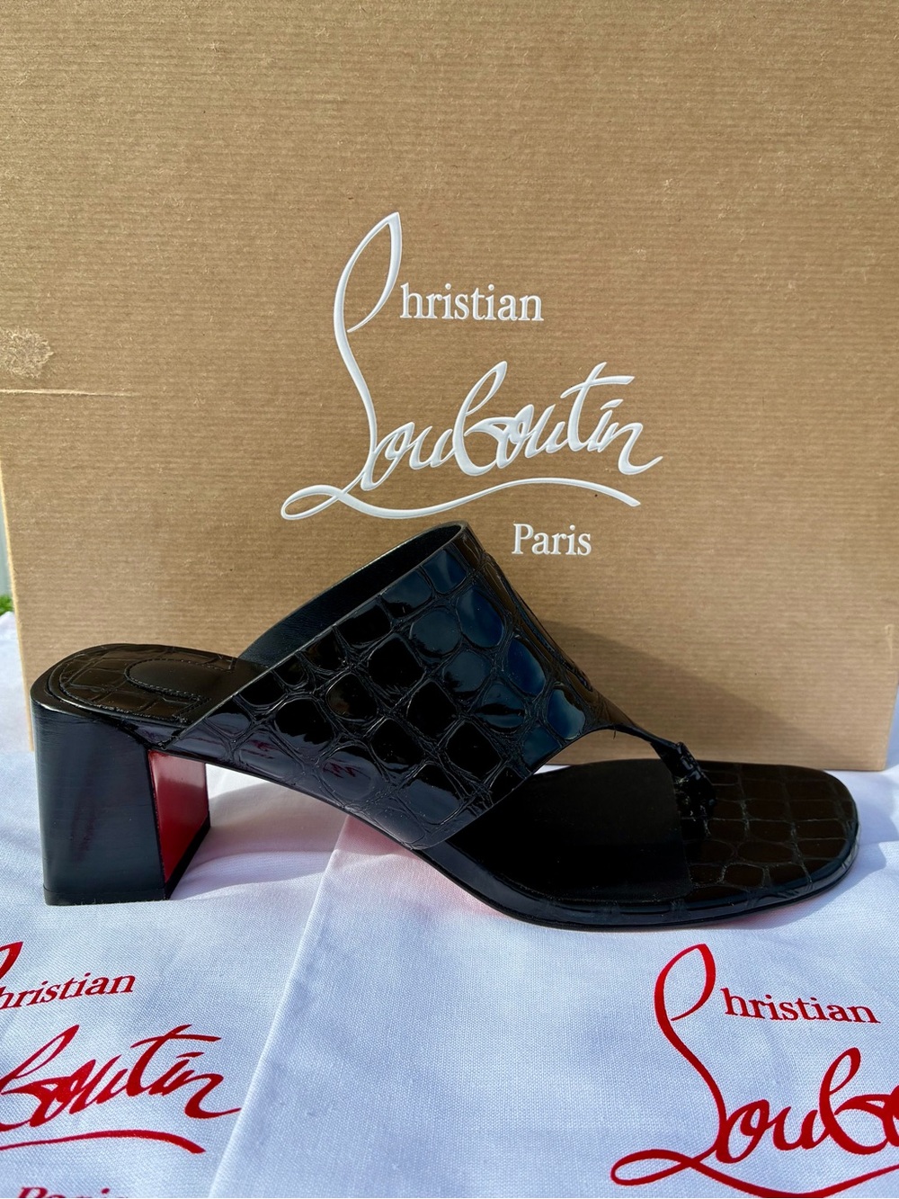 CHRISTIAN LOUBOUTIN CL TONGAMULE SANDALS LOGO BLACK CROC LEATHER SZ 38.5 NEW - Picture 5 of 16